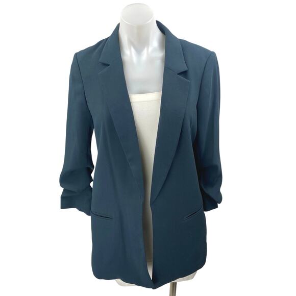 H&M Women's Blue Green Open Front Ruched 3/4 Sleeve Blazer Coat Jacket Size 6 - Picture 1 of 4